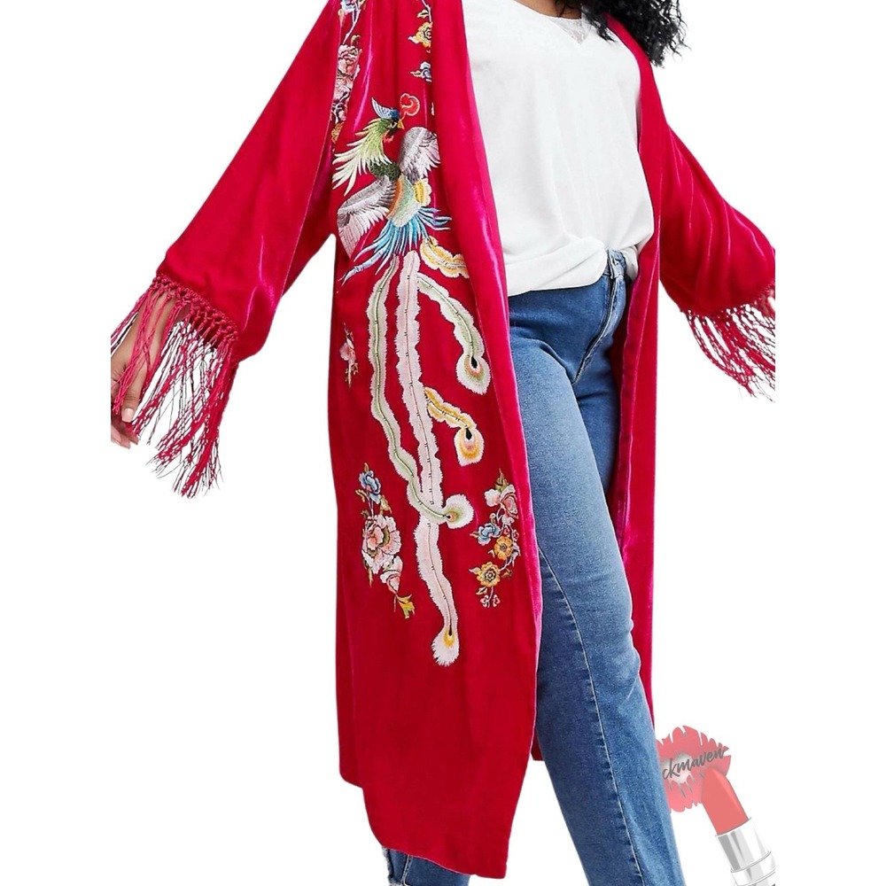 ASOS Kimono Jacket Women‎ Curve Size 14 Pink Floral Peacock Bird Embroidery Boho